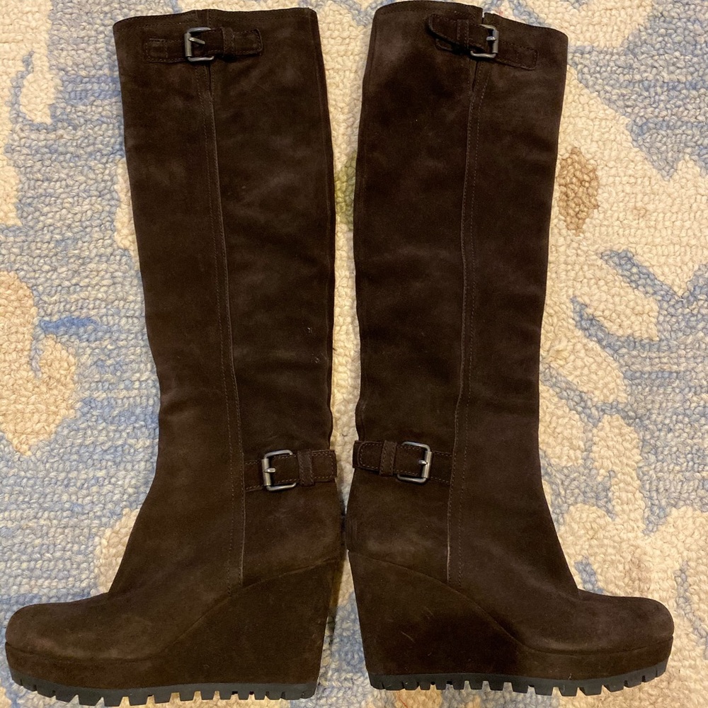 Prada tall chocolate brown suede wedge boots